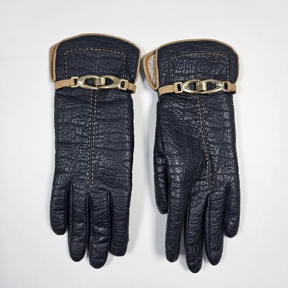 Aris Snuggler Blue Driving Gloves Womens Vtg Vinyl Backed Sherpa Lined Vintage